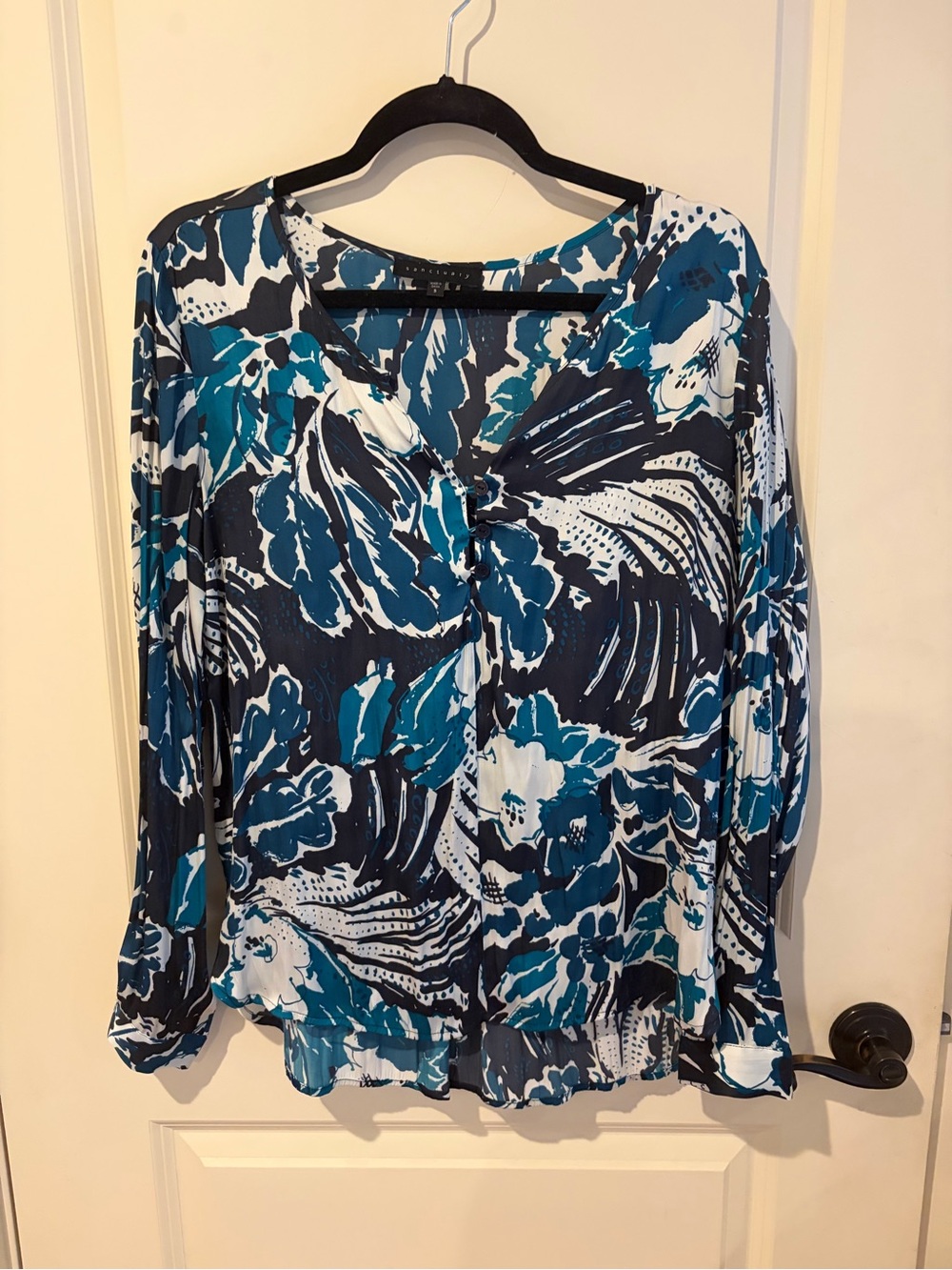 Sanctuary Teal, Navy & Ivory Printed Long-Sleeve Blouse